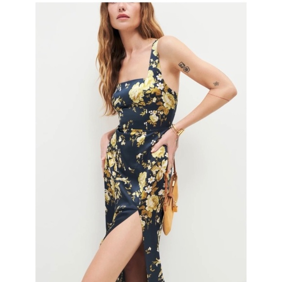 Reformation silk Floral Sleeveless Navy and Yellow NEW - Picture 4 of 8